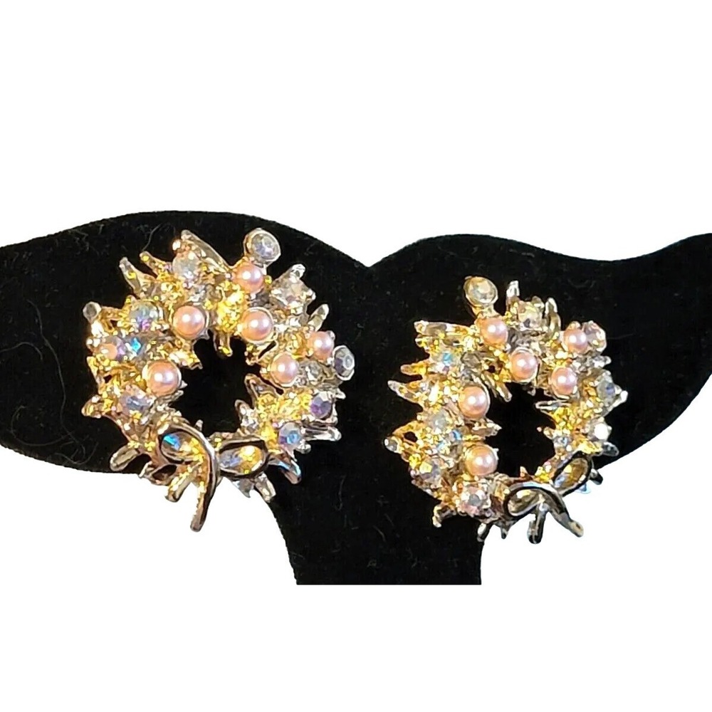 Vintage Christmas Clip On Earrings, Sparkly Rhinestone &‎ Pink Faux Pearl rc-26